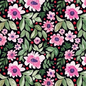 12" Floral in pink, green, red and black