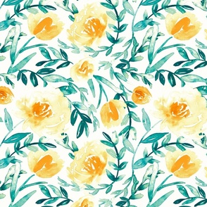 12" Watercolor floral in yellow and teal green