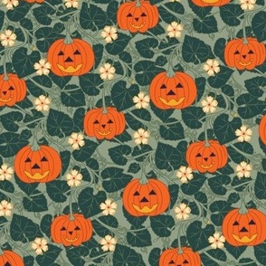 Small Art Nouveau Halloween Jack-O-Lantern Pumpkin Patch with Sage Green Background.