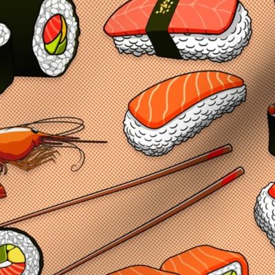 Sushi Salmon Maki and Nigiri with soy sauce and chopsticks food _ beverage novelty