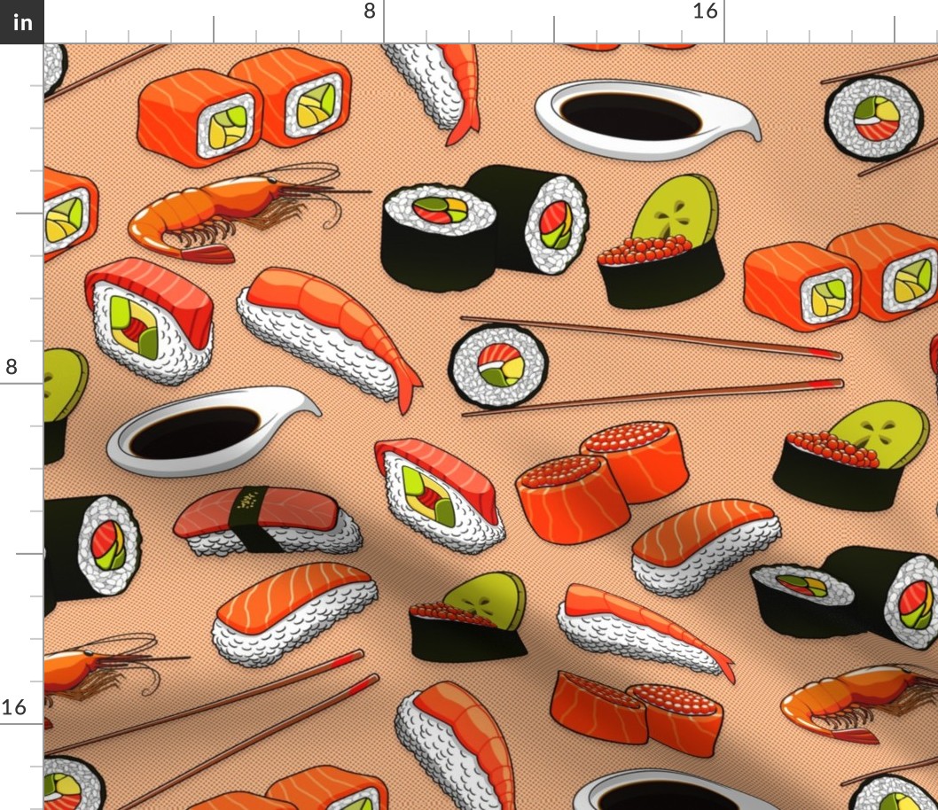 Sushi Salmon Maki and Nigiri with soy sauce and chopsticks food _ beverage novelty