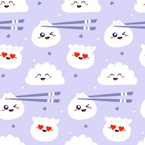 Happy Valentine Kawaii Dumplings on lavender purple with chopsticks and hearts