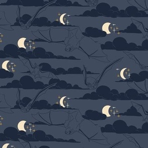 Small Art Nouveau Halloween Bats in the Night Sky River Bed Blue Grey Background