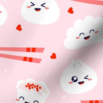 Happy Valentine Kawaii Dumplings on pink with chopsticks and hearts