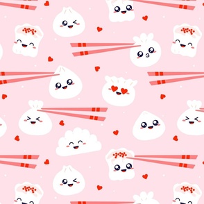Happy Valentine Kawaii Dumplings on pink with chopsticks and hearts