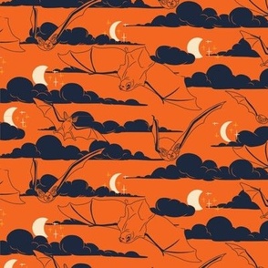 Small Art Nouveau Halloween Bats in the Night in a Bright Orange Background