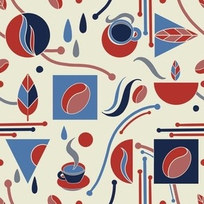 Geometric Coffee Mugs and beans in red, blue and ecru 