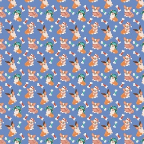Christmas corgi dogs on blue fabrics