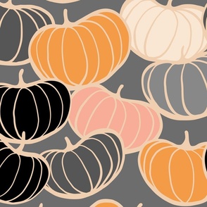 LARGE - Retro Pumpkin Love Pattern 1. Black, Grey, Orange