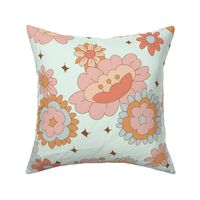 Large Groovy Retro Floral on Minty Blue
