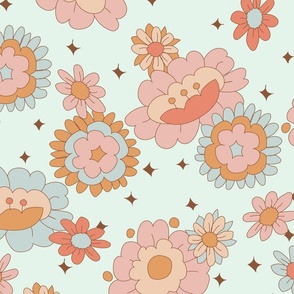 Large Groovy Retro Floral on Minty Blue
