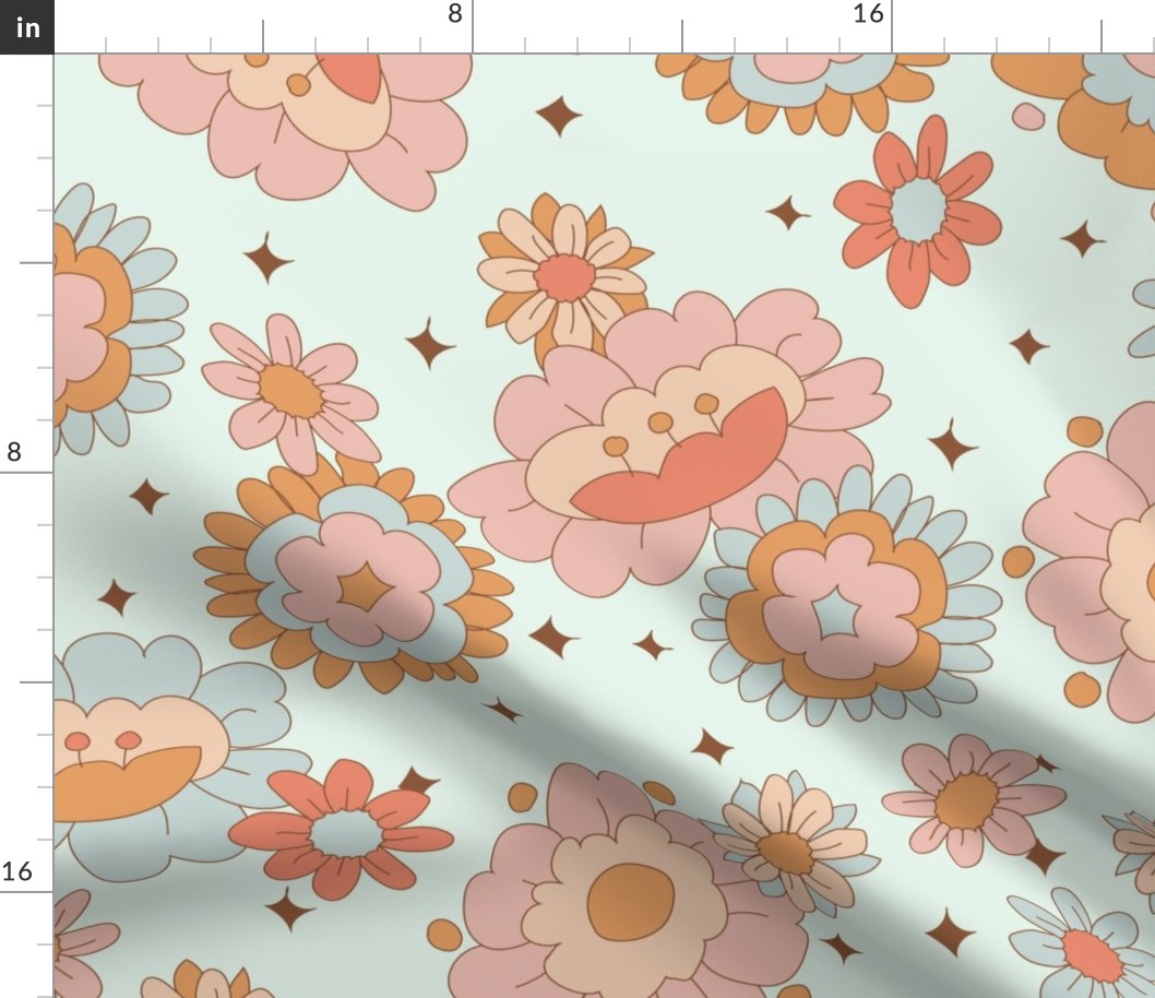 Large Groovy Retro Floral on Minty Blue
