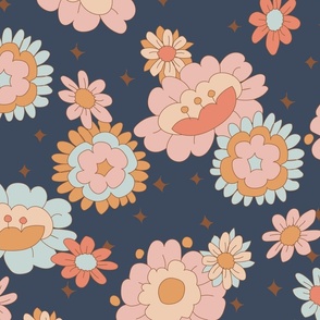 Large Groovy Retro Floral on Dark Blue
