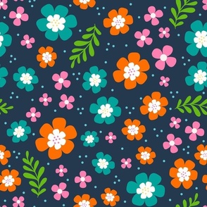 Large Scale Spring Fun Flowers in Pink Orange Turquoise Blue on Navy