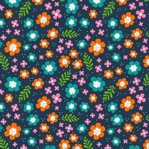 Small Scale Spring Fun Flowers in Pink Orange Turquoise Blue on Navy