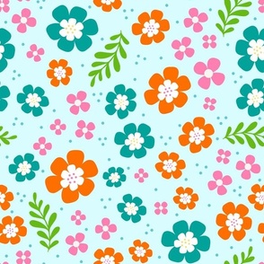 Large Scale Spring Fun Flowers in Pink Orange Turquoise on Soft Pale Blue