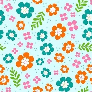 Medium Scale Spring Fun Flowers in Pink Orange Turquoise on Soft Pale Blue