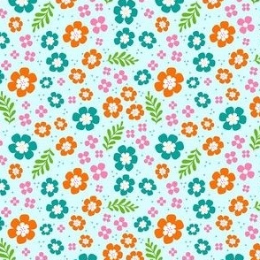 Small Scale Spring Fun Flowers in Pink Orange Turquoise on Soft Pale Blue