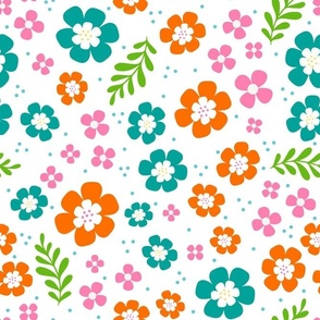 Large Scale Spring Fun Flowers in Pink Orange Turquoise on White