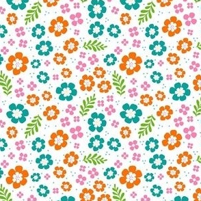 Small Scale Spring Fun Flowers in Pink Orange Turquoise on White