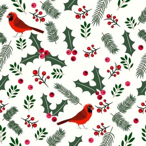 Holly and Pine Needles Cardinals Winter Scene