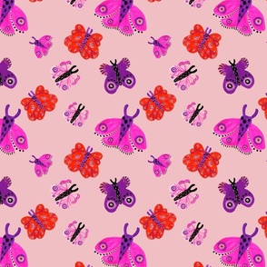 Bright pink purple red butterflies on a beige background.