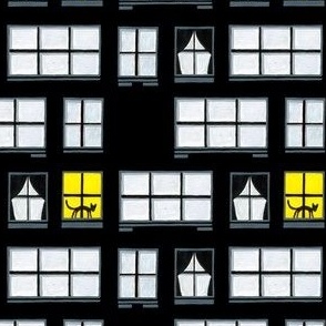  White windows with a yellow window and a cat on a black background.