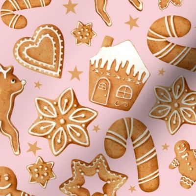 Large Scale Frosted Holiday Cookies Gingerbread Reindeer Santa Christmas Trees on Soft Pink