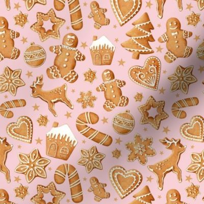 Medium Scale Frosted Holiday Cookies Gingerbread Reindeer Santa Christmas Trees on Soft Pink