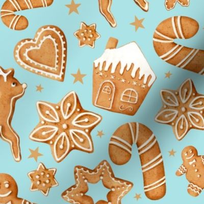 Large Scale Frosted Holiday Cookies Gingerbread Reindeer Santa Christmas Trees on Soft Aqua Blue