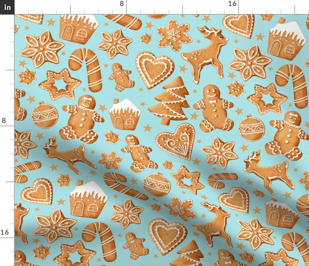 Large Scale Frosted Holiday Cookies Gingerbread Reindeer Santa Christmas Trees on Soft Aqua Blue