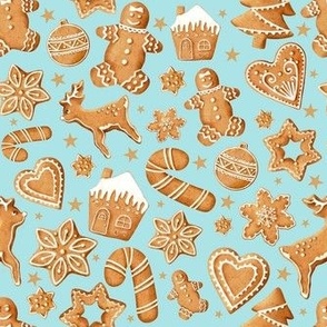 Medium Scale Frosted Holiday Cookies Gingerbread Reindeer Santa Christmas Trees on Soft Aqua Blue