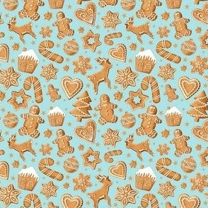 Small Scale Frosted Holiday Cookies Gingerbread Reindeer Santa Christmas Trees on Soft Aqua Blue