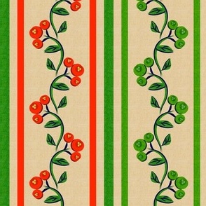 Bohemian vine and flower stripe beige with red and green Turned 90 degrees