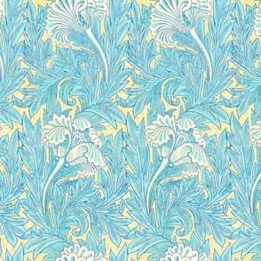 Tulips by William Morris - LARGE - Light Blue And Yellow Adaption Antiqued art nouveau art deco