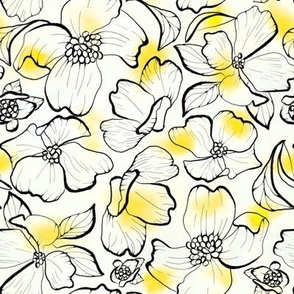  Transparent flowers in black line on white yellow polka dots.