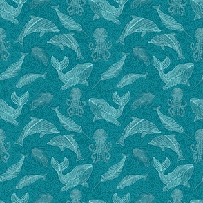  Whale dolphin octopus narwhal and fish ornamental colorful waves fantasy sea seamless pattern