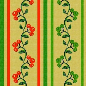 Christmas Bohemian Vine and Flower Stripe in Red and Green Turned 90 degrees