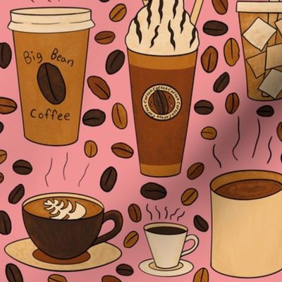 Different Kinds of Coffee Seamless Pattern - Warm Brown Palette & Salmon Sea Pink