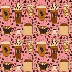 Different Kinds of Coffee Seamless Pattern - Warm Brown Palette & Salmon Sea Pink