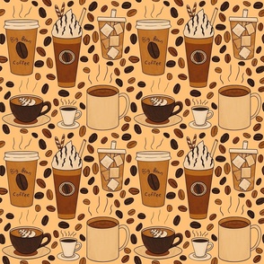 Different Kinds of Coffee Seamless Pattern - Warm Brown Palette & Peach Topaz