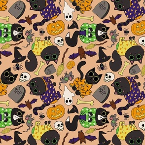 Halloween Cats Pajamas Pattern - Spooky Cute Black Cats Pattern - Halloween Black Cats Pattern -  Tan Sand