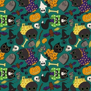 Halloween Cats Pajamas Pattern - Spooky Cute Black Cats Pattern - Halloween Black Cats Pattern -  Blue Green Stromboli