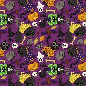 Halloween Cats Pajamas Pattern - Spooky Cute Black Cats Pattern - Halloween Black Cats Pattern -  Finn Purple