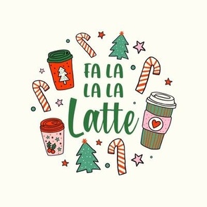 6" Circle Panel Fa La La La Latte Christmas Coffee Lover for Embroidery Hoop Potholder or Quilt Square