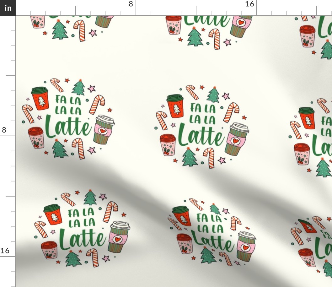 6" Circle Panel Fa La La La Latte Christmas Coffee Lover for Embroidery Hoop Potholder or Quilt Square