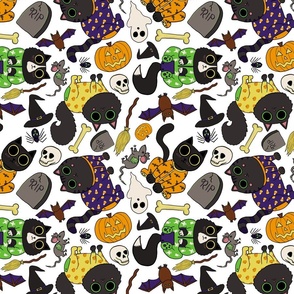 Halloween Cats Pajamas Pattern - Spooky Cute Black Cats Pattern - Halloween Black Cats Pattern -  White