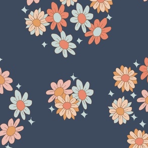 Large Retro Floral Bouquets with Groovy Cute Flowers on Dark Blue
