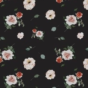 Black Flowers Red White Pink Ivory Greenery Leaf Watercolor Roses Hand Drawn Botany Linen