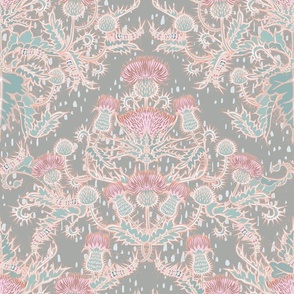 copper on grey caterpillar thistle damask floral wallpaper design (18" fabric repeat)